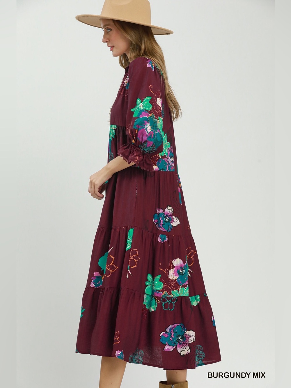 Umgee Floral Print Tiered Midi Dress with Puff Sleeves - Picture 2 of 6